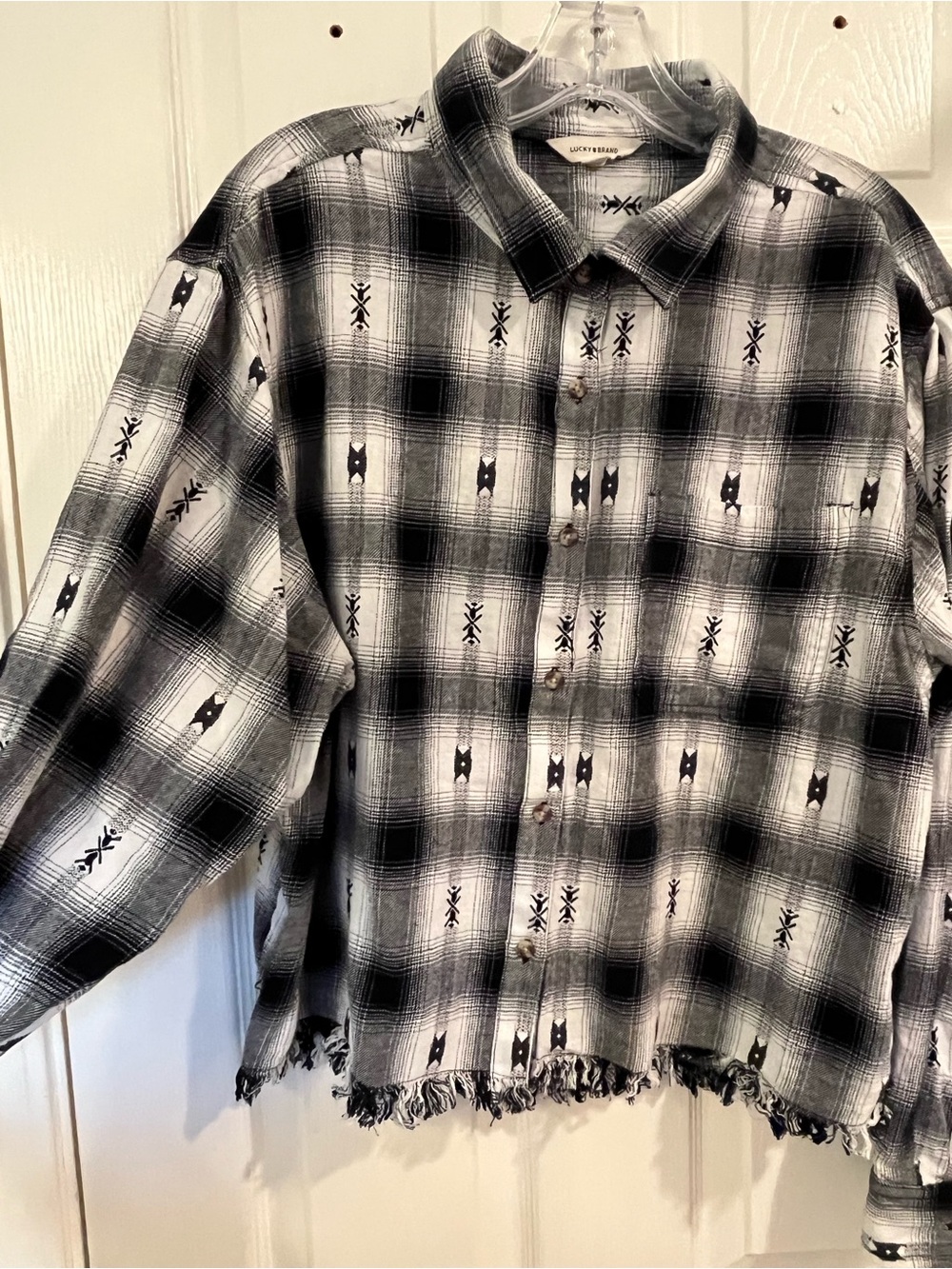 Lucky Brand Raw Edge Black & White Plaid Fringe Hem Cropped Western Shirt L